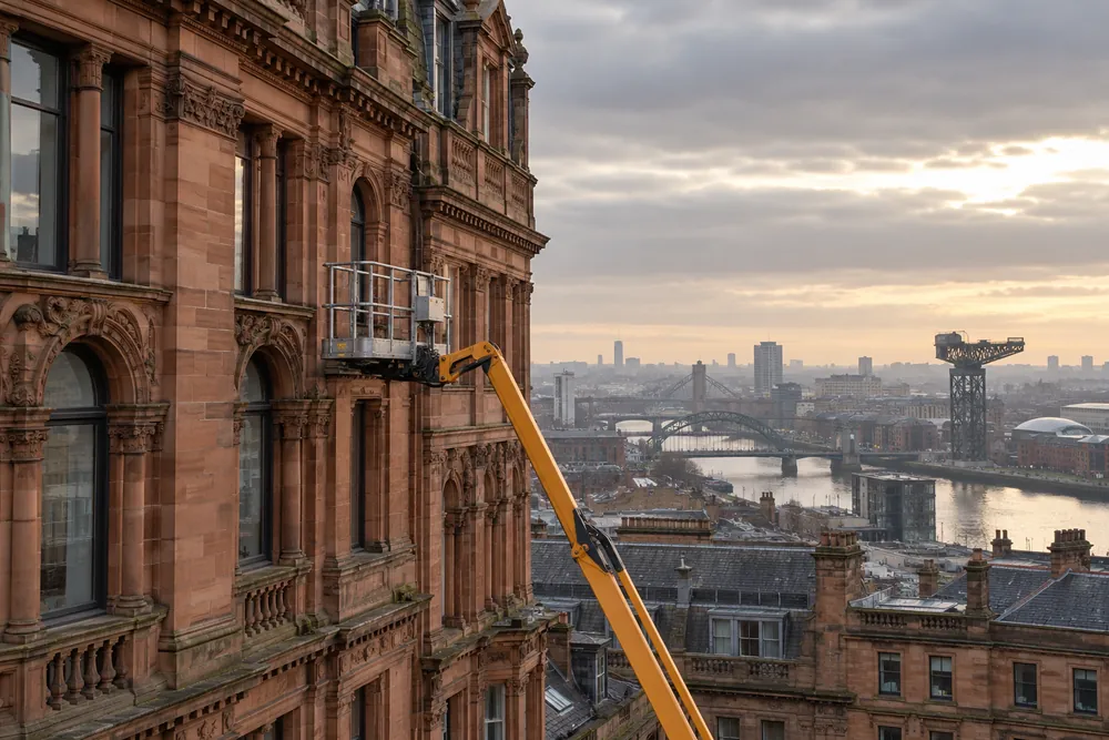 Glasgow commercial sandstone buildings and Clyde skyline